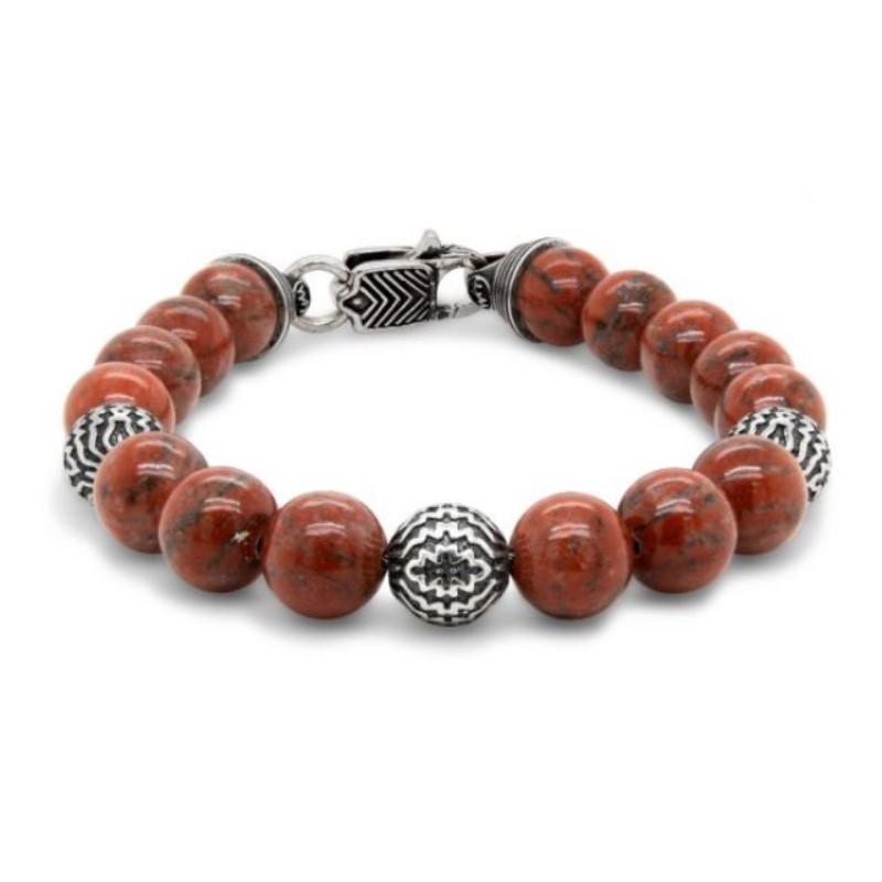 William Henry Seaside Red Jasper Bracelet Features Three Finely Sculpted Beads In Sterling Silver Are Surrounded By The Rich Tones Of Red Sesame Jasper  All Threaded Onto Our Welded Stainless Steel Aircraft Cable For Durability